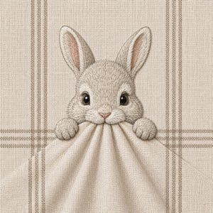 May include: A beige fabric panel featuring a detailed illustration of a small, light brown rabbit with large dark eyes and pink-tinted ears. The rabbit is shown peeking over the top of a folded section of the fabric, which has a subtle plaid pattern.