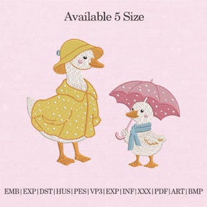 Cute Duck Raincoat Embroidery Design Bundle, Mother Baby Duck with Umbrella Machine Embroidery File, Spring Animal Shirt Pattern