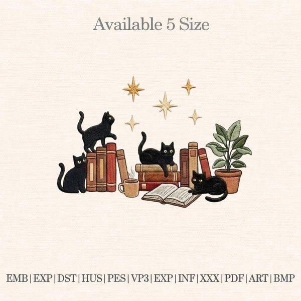 Black Cat Books Embroidery Design, Cute Cat Reading Embroidery File, Book Lover Machine Embroidery, Cozy Library Cat Design