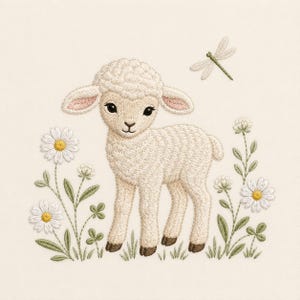 Può includere: Un disegno da ricamo raffigurante un agnello color crema con lana testurizzata, in piedi tra fiori di margherita bianchi con centri gialli, foglie di trifoglio verdi e una singola libellula con ali delicate nell'angolo in alto a destra.