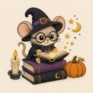 Könnte beinhalten: Ein Stickmotiv mit einer Maus, die einen schwarzen Hexenhut und eine runde Brille trägt, auf zwei gestapelten Büchern sitzt und ein offenes Buch liest. Daneben stehen eine brennende Kerze in einem Halter und ein orangefarbener Kürbis mit goldenen Sternen.