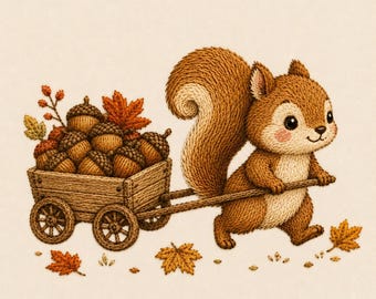 Könnte beinhalten: Eine gestickte Illustration eines braunen Eichhörnchens, das einen kleinen Holzwagen voller brauner Eicheln und orangefarbener Herbstblätter zieht. Das Eichhörnchen hat einen großen, buschigen Schwanz und läuft vorwärts. Verstreute orange Blätter liegen am Boden.