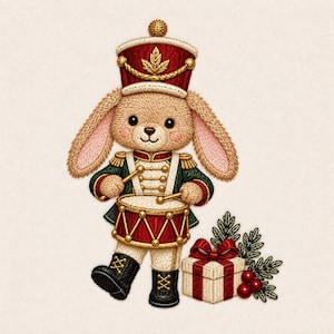 May include: An embroidered patch featuring a tan rabbit dressed as a toy soldier in a red and green uniform with a gold-trimmed hat, playing a red drum. Beside the rabbit is a small white gift box with a red ribbon and green holly leaves.