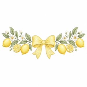 Könnte beinhalten: Dekorative Illustration mit einer gelben Schleife, Zitronen, grünen Blättern und weißen Blüten. Die Zitronen sind ganz und geschnitten, angeordnet mit der Schleife und dem Laub in einem symmetrischen Design. Das Bild hat eine helle, fröhliche Ästhetik.