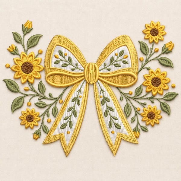 Sunflower Bow Embroidery Design, Floral Ribbon Embroidery File, Rustic Sunflower Embroidery Pattern, Farmhouse Flower Machine Embroidery