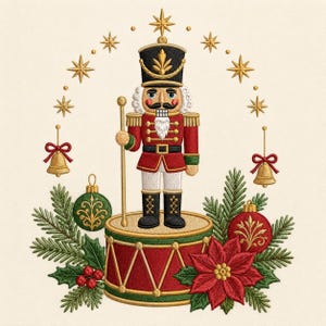 Könnte beinhalten: Ein gesticktes Motiv mit einem Nussknacker in rot-goldener Uniform, der auf einer rot-grünen Trommel steht. Die Szene ist umgeben von grünen Tannenzweigen, einem roten Weihnachtsstern, zwei goldenen Glocken, zwei Kugeln und goldenen Sternen.