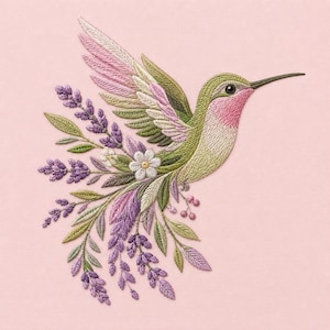 Disegno per ricamo di un colibrì color lavanda, file per ricamo a macchina di un colibrì floreale, schema per ricamo di un uccellino rosa