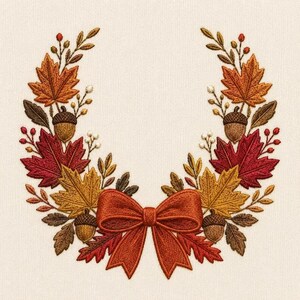 Può includere: Un disegno ricamato raffigurante una ghirlanda simmetrica di foglie d'acero autunnali nei toni del rosso, arancione e oro, intervallate da ghiande marroni e piccole bacche bianche, con un grande fiocco in tessuto arancione alla base.