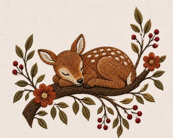 May include: An embroidery design featuring a brown fawn with white spots sleeping on a dark brown tree branch. The branch is decorated with green leaves, small red berries, and two orange flowers with yellow centres on a light cream background.