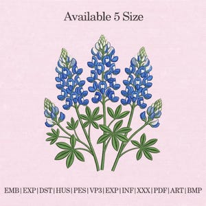 May include: An embroidered design of bluebell flowers with green leaves and stems on a pink background. The text "Available 5 Size" is at the top. Below the flowers are file format abbreviations.