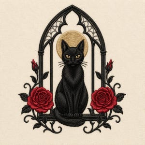 Puede incluir: Un diseño de bordado que muestra un gato negro sentado frente a un arco gótico apuntado. Un halo circular dorado se sitúa detrás de la cabeza del gato. Dos rosas rojas con tallos y hojas negras se ubican a ambos lados del arco.