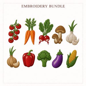 May include: An embroidery bundle with detailed vegetable designs. Includes tomatoes, carrots, radishes, mushrooms, garlic, onion, bell pepper, broccoli, aubergine, and sweetcorn. The text "EMBROIDERY BUNDLE" is at the top.