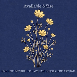 Könnte beinhalten: Gesticktes Blumendesign in Gold auf marineblauem Hintergrund. Das Design zeigt mehrere Blumen und Stiele. Der Text oben lautet "Available 5 Size". Dateiformatabkürzungen befinden sich unten.