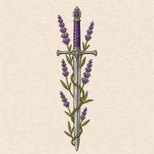 May include: A detailed illustration of a sword with a purple handle and silver blade. Lavender sprigs with purple flowers and green leaves are intertwined around the sword, set against a cream-colored background.