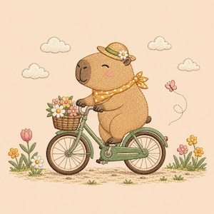 Könnte beinhalten: Eine gestickte Illustration eines braunen Capybaras mit Strohhut und gelbem gepunktetem Halstuch, das auf einem grünen Fahrrad mit einem Korb voller bunter Blumen fährt. Die Szene zeigt kleine Wolken, einen Schmetterling und Blumen.