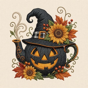May include: An embroidered design of a black jack-o'-lantern teapot wearing a black witch hat with a plaid band. The teapot is decorated with yellow sunflowers, orange and red autumn leaves, and red berries, with steam rising from the spout.