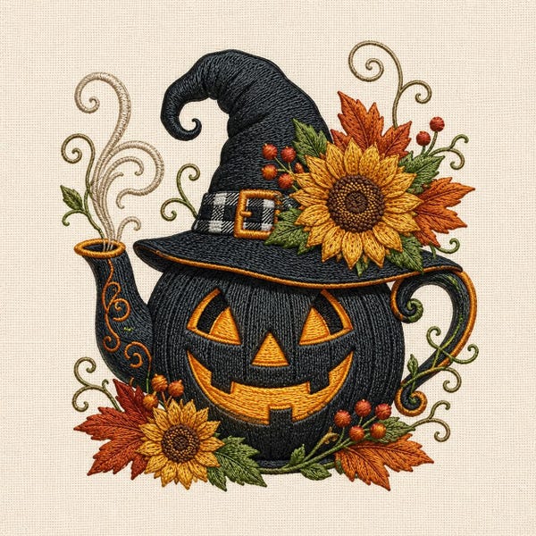 Halloween Pumpkin Teapot Machine Embroidery Design, Witch Hat Sunflower Embroidery Pattern, Autumn Kitchen Digital File, Fall Decor