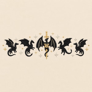 May include: Embroidered design featuring six black dragons with outstretched wings, interspersed with gold and silver stars. A central gold sword with a dragon wrapped around it and a book with dragon wings completes the design.