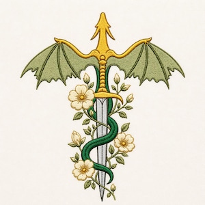 May include: Embroidered design of a sword with dragon wing hilt, green serpent around the blade, and cream flowers. The wings and hilt are gold, the blade silver, and the flowers have yellow centres. The design is on a cream background.