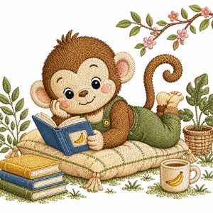 Puede incluir: Una ilustración bordada de un mono marrón con peto verde, tumbado sobre un cojín beige con borlas mientras lee un libro azul con un plátano en la portada. Cerca hay tres libros apilados, una planta en maceta y una taza con un plátano.