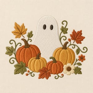 Pumpkin Patch Ghost Machine Embroidery Design, Cute Fall Ghost with Pumpkins Leaves and Flowers, Halloween Embroidery File