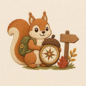 May include: An embroidery design featuring a brown squirrel with a cream-colored belly and a large bushy tail. The squirrel wears a green backpack and holds a large acorn-shaped compass. Beside the squirrel is a wooden signpost and a red leaf.
