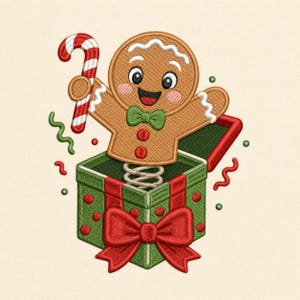 クリスマスジンジャーブレッドマン刺繍デザイン、サンタギフトボックスミシン刺繍、ホリデーそり、お祝いの冬のクリスマスデジタルパターン