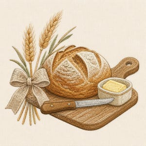 May include: An embroidery design featuring a round loaf of crusty bread, a small bowl of yellow butter, and a silver knife with a brown handle on a wooden cutting board, accented by golden wheat stalks and a beige fabric bow on the left side.