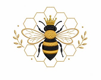 May include: An embroidery design featuring a central bee with black and gold striped body, wearing a gold crown. The bee is positioned over a gold-outlined honeycomb pattern, flanked by two symmetrical gold leaf sprigs on the left and right sides.