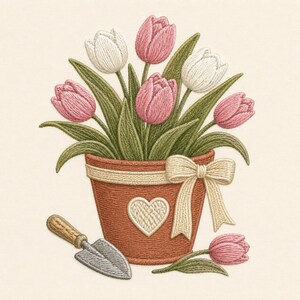 May include: An embroidery design featuring a terracotta-colored flower pot filled with pink and white tulips and green leaves. The pot is decorated with a cream-colored ribbon bow and a heart shape. A small metal garden trowel lies nearby.