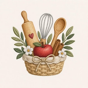 May include: An embroidered illustration of a woven basket containing a wooden rolling pin with a red heart, a metal whisk, a wooden spoon, two cinnamon sticks, a bright red apple, green leaves, and two small white flowers with yellow centers.
