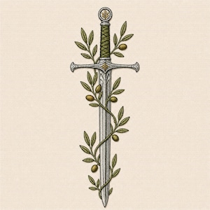 May include: A silver sword with a detailed crossguard and a green wrapped handle, topped with a circular pommel featuring a gold leaf emblem. An olive branch with green leaves and small brown olives winds around the blade of the sword.
