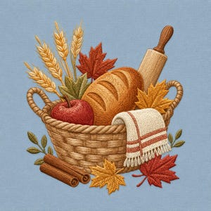 May include: An embroidered design featuring a woven basket filled with a loaf of bread, a red apple, wheat stalks, and a wooden rolling pin. A fringed cloth hangs over the side, accented by cinnamon sticks and colorful autumn maple leaves.