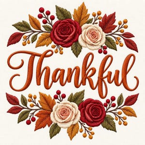 May include: An embroidered design featuring the word Thankful in orange cursive script, surrounded by a wreath of red and cream roses, autumn-colored leaves in shades of brown, green, and orange, and small clusters of red and yellow berries.