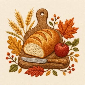 Fall Bread Board Embroidery Design, Autumn Loaf Kitchen Machine Embroidery File, Harvest Baking Decor Instant Download