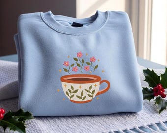 Floral Coffee Cup Embroidery Design, Cozy Flower Mug Machine Embroidery File, Cute Coffee Lover Stitch