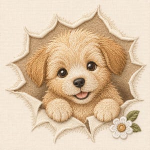 May include: An embroidered design featuring a light brown puppy peeking through a torn fabric effect. The puppy has large dark eyes, a black nose, and a small open mouth. A single white daisy with a yellow center and green leaves sits below.