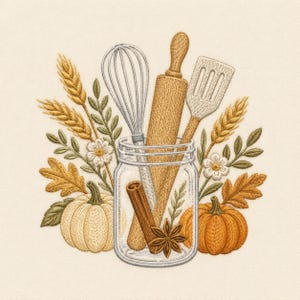 May include: An embroidery design featuring a glass mason jar filled with a whisk, a wooden rolling pin, a spatula, a cinnamon stick, and a star anise. The jar is surrounded by wheat stalks, green leaves, white flowers, and two pumpkins.