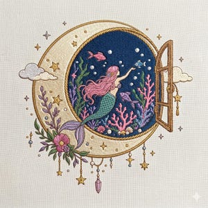 May include: Embroidered artwork featuring a mermaid with pink hair and a teal tail, reaching for a fish in a moon-shaped window. The design includes coral, seaweed, and stars, with a gold border and hanging charms. The background is a light beige.