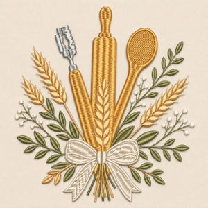 May include: An embroidery design featuring a golden rolling pin, a wooden spoon, and a metal whisk arranged with stalks of wheat, green leaves, and small white berries. A white ribbon bow is tied at the base of the arrangement on a cream background.