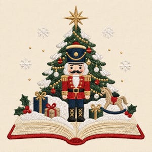 Può includere: Un disegno ricamato raffigurante un libro aperto con copertina rossa, sormontato da un albero di Natale innevato, uno schiaccianoci in uniforme rossa e blu, regali incartati, un cavallo a dondolo e bacche di agrifoglio su sfondo crema.