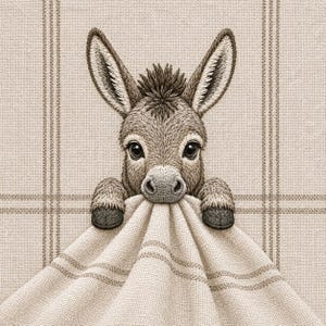 May include: An embroidered design featuring a small, grey donkey with large dark eyes and upright ears. The donkey is shown peeking over the top of a beige, textured fabric that has a subtle plaid pattern with vertical and horizontal lines.