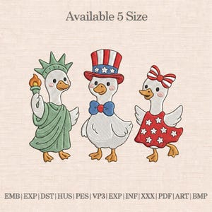 Patriottische eenden borduurwerk ontwerpen, vrijheidsbeeld eend borduurbestand, 4 juli machine borduurwerk, Uncle Sam Goose borduurpatroon