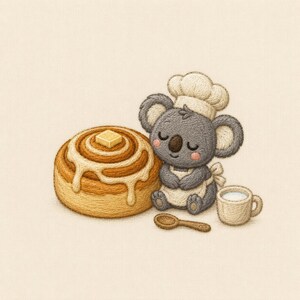 May include: An embroidered illustration of a grey koala wearing a chef hat and apron, sitting next to a large cinnamon roll topped with icing and a square of butter, a small wooden spoon, and a small mug filled with a white liquid beverage.