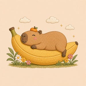 Puede incluir: Una ilustración bordada de un capibara marrón con una pequeña naranja en la cabeza, durmiendo sobre un plátano amarillo grande. La escena incluye tres nubes pequeñas, cuatro estrellas brillantes y flores coloridas sobre un fondo claro.