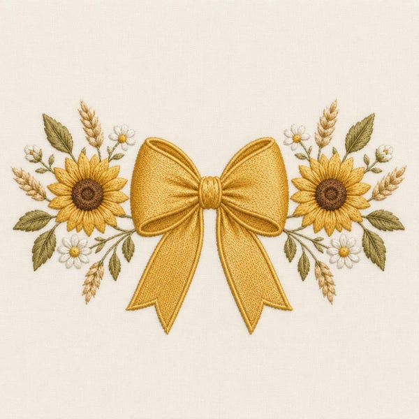 Sunflower Bow Embroidery Design, Floral Ribbon Machine Embroidery File, Rustic Farmhouse Summer Digital Download for Clothes Decor