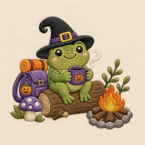 May include: An embroidered patch featuring a green frog wearing a black witch hat with a purple band. The frog sits on a brown log, holding a purple mug with a pumpkin design. Beside the frog is a purple backpack, a mushroom, and a campfire.