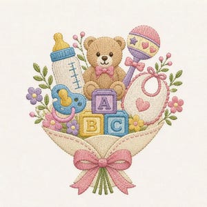 May include: An embroidery design featuring a bouquet of baby items including a teddy bear, a baby bottle, a pacifier, a rattle, a bib, and three alphabet blocks labeled A, B, and C. The arrangement is wrapped in fabric with a pink bow.