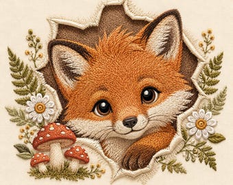May include: An embroidered design featuring a ginger fox peeking through a torn fabric effect, surrounded by white daisies, green fern leaves, and three red-capped mushrooms with white spots, all rendered in detailed thread work.
