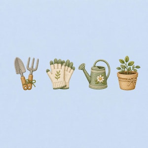 May include: An embroidered set featuring a gray trowel and fork tied with a green string, a pair of cream-colored gloves with a green leaf motif, a sage green watering can with a white daisy, and a potted green plant in a tan textured pot.